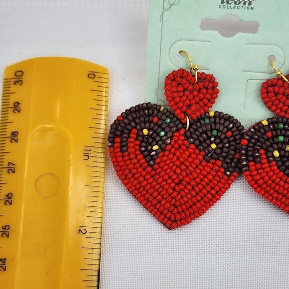 ICON Red Heart Valentine Shaped Seed Bead Statement Earrings NWT - Picture 3 of 5